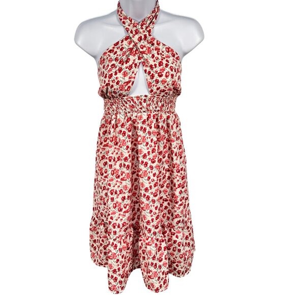 Pink Floral Criss Cross Halter Summer Dress Size Large - Picture 3 of 10